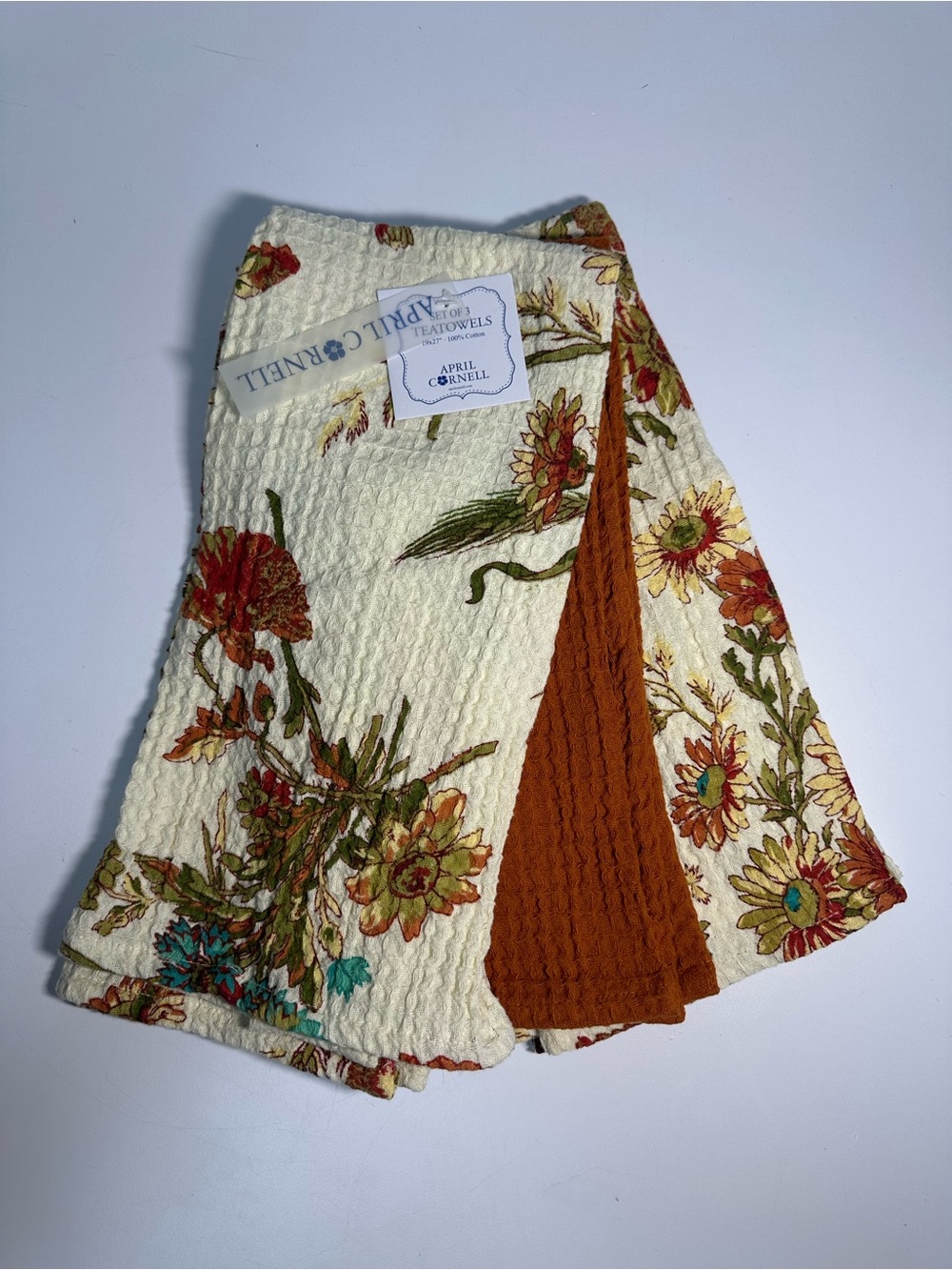 April Cornell Cream Floral & Rust Set of 3 Tea Towels